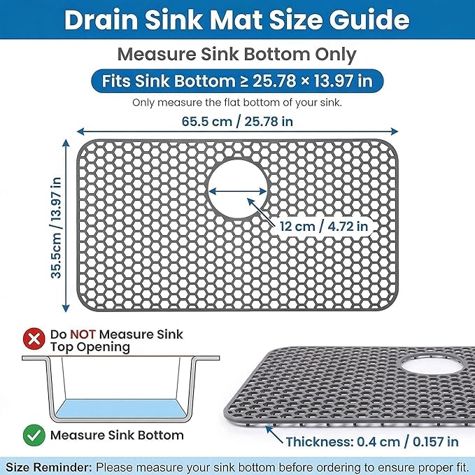 Silicone Sink Mat 25.78"x 14" Heat Resistant Sink Protectors for Kitchen Sink Bottom, Non-Slip Faucet Mat for Stainless Steel（Rear Drain）