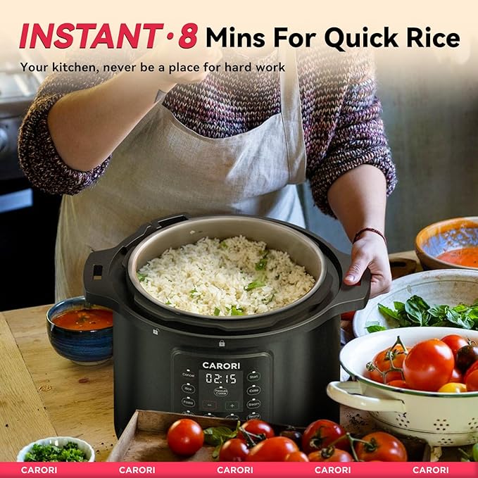 CARORI 1200W 12-in-1 Electric Pressure Cooker 8Qt, Stainless Steel Pressure Cooker, Slow Cook Rice Cooker Steamer Sauté, Yogurt Maker, Warmer & Sterilizer with Recipe, Safer Venting Design, Black