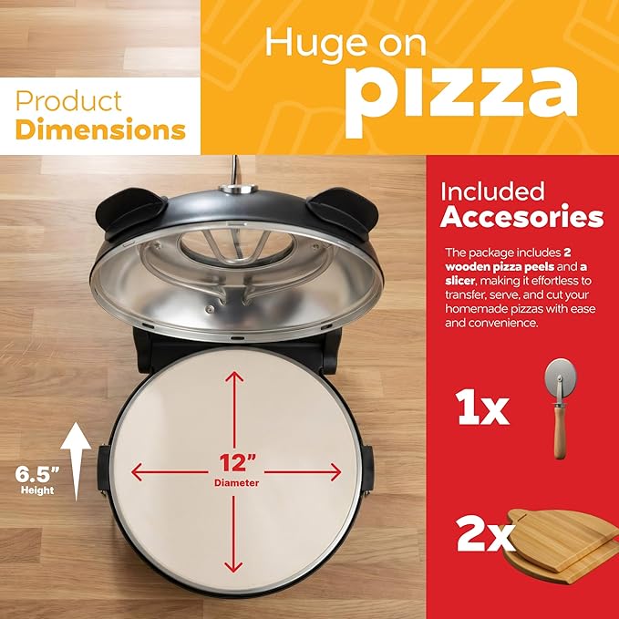 MisterChef Electric Pizza Oven Indoor, 12 Inch Countertop Pizza Oven, Fast Heating Upto 800°F, Pizza Maker with Ceramic Stone, Viewing Window & Dual Temperature Control for Even Cooking