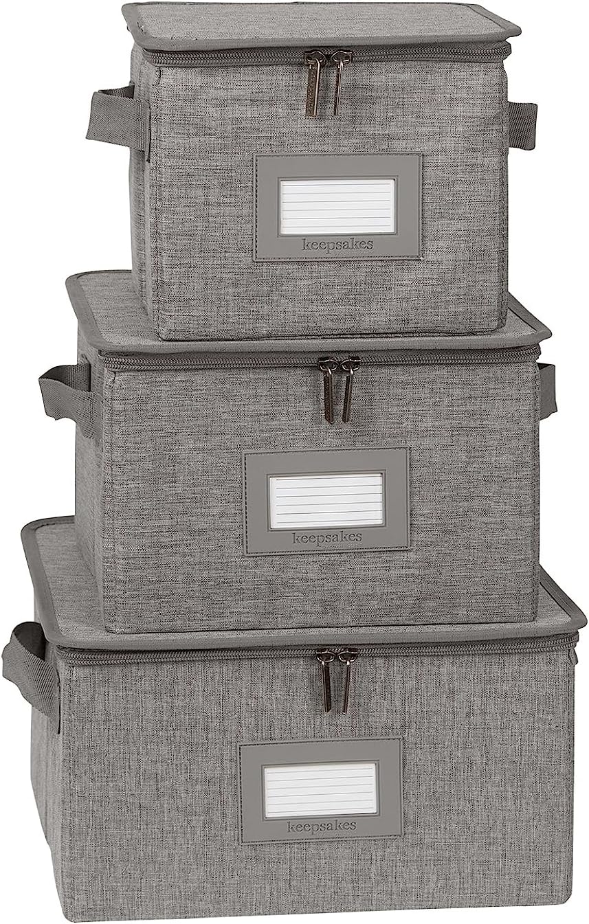 Covermates Keepsakes Dish Storage Box - Stackable, Reinforced Handles, China Storage, Grey Heather