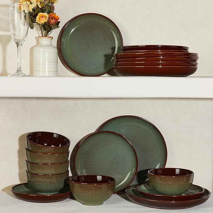36 Piece Stoneware Dinnerware Sets, Ceramic Plates and Bowls Set, Microwave & Dishwasher Safe Kitchen Dish Set, Modern Dinner Salad Plates | Cereal Bowls for 12, Dishware Sets Sage Green