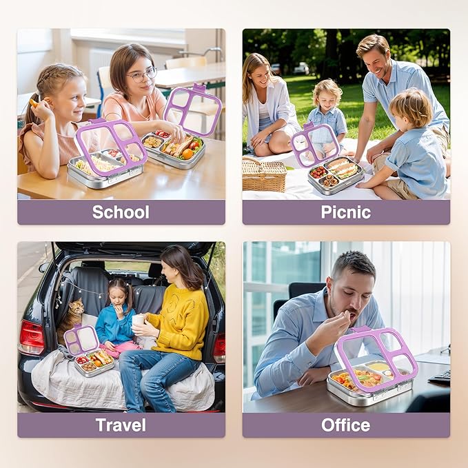 HOMEKOL Stainless Steel Bento Lunch Box, 3-Compartment Leak-Proof Lunch Container for Kids & Adults, BPA/BPS-Free 304 Metal Food Box, Dishwasher Safe, Clear Tritan Lid, Purple (Not Insulated)