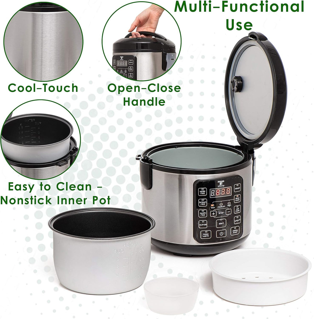 Moss & Stone - Small Digital Electric Rice Cooker, 4-8 Cups, 10 Preset Settings, Brown and White Rice Steamer, Slow Cooker with Steamer for Vegetables, Pot