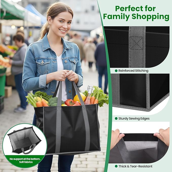 SpaceWhisper Reusable Grocery Bags with Long Handles [6 Pack] - Multipurpose Large Shopping Bags for Groceries, Foldable Grocery Totes Resist Water & Stains for Kitchen, Car Trunk, Picnic (Black)