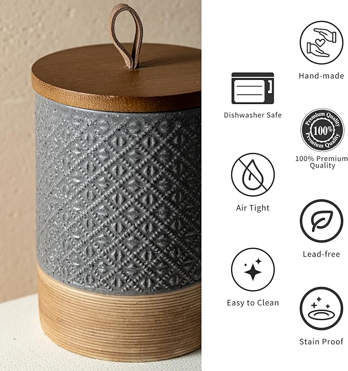 Miamolo Small Ceramic Jar with Lid, Coffee Container Kitchen Food Storage Jars for Sugar Tea Bag, Stackable Decorative Spice Jars for Countertop Coffee Bar Accessories- Gray & 5 fl.oz