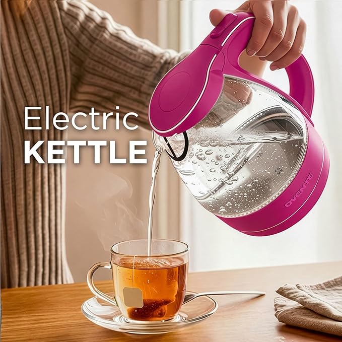 OVENTE Electric Kettle, 1.5L Borosilicate Glass Countertop Water Heater and Boiler for Coffee or Tea, BPA-Free, Auto Shut-Off, Boil-Dry Protection, Removable and Washable Spout Filter, Pink KG83F