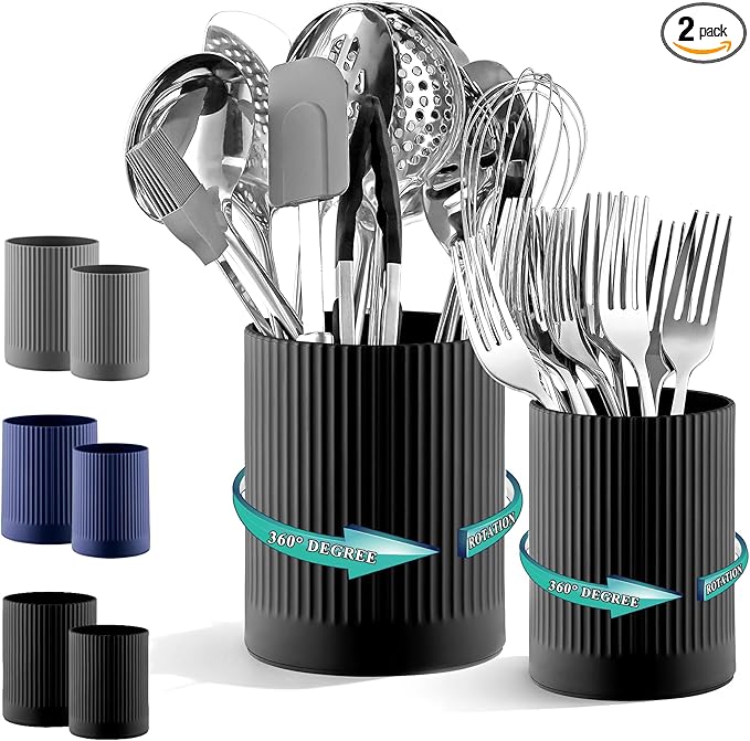 Kyraton Cooking Utensils Holder 2pcs, 360° Rotating Heavy Duty Plastic Kitchen Utensil Holder for Countertop, The Small Utensil Crock for Cutlery Silverware, Tooth Brush, Desk Pencil Pen
