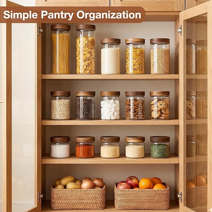CONNOO 40oz Airtight Glass Storage Containers with Wood Lids (3-Pack) – Includes 120 Pre-Printed Waterproof White Kitchen Labels – Tall Pantry Canisters for Flour, Pasta & Cereal