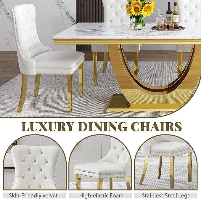 Marble Dining Table Set for 6,70" Black Faux Marble Kitchen Tables and Velvet Chairs for 6,7 Piece Luxury Dining Room Table Set and 6 Upholstered Chairs with Gold Stainless Steel Bases