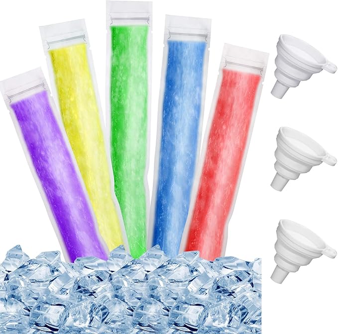 Shappy 450 Pcs Disposable Ice Pop Mold Bags with 3 Silicone Funnels Freezer Tubes with Zipper Seals DIY Ice Pop Bags Bulk for Yogurt Healthy Snacks Juice Fruit Smoothies(8.7 x 2.4 Inch)