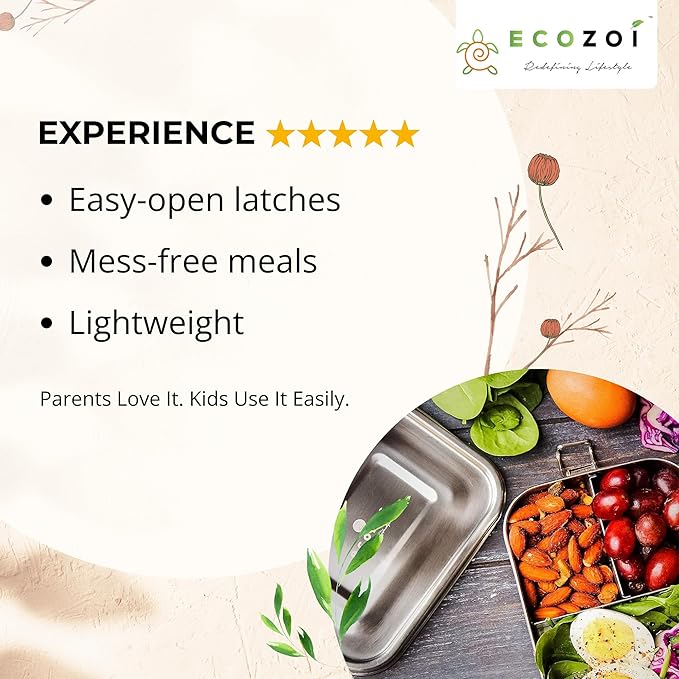 ecozoi Stainless Steel Lunch Box, 1-Tier Metal Bento Box Leak Proof with 5 Compartments, 50 Oz Metal Lunch Container, Meal Prep Food Container, with 50 ml Sauce Container