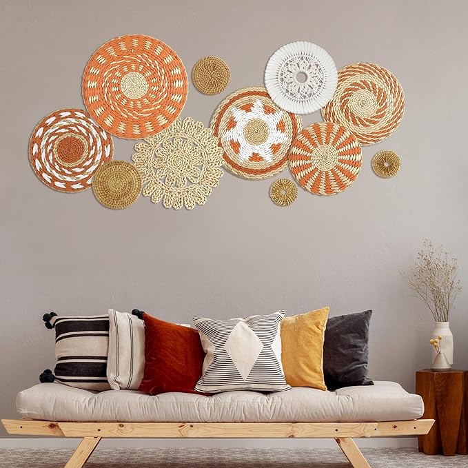 Tatuo 11 Pcs Boho Wall Basket Decor Bulrush Woven Wall Hanging Art Round Farmhouse Rustic Handmade Wicker for Summer Home, Bedroom, Living Room, Kitchen Decorations, Multi Sizes(Delicate)