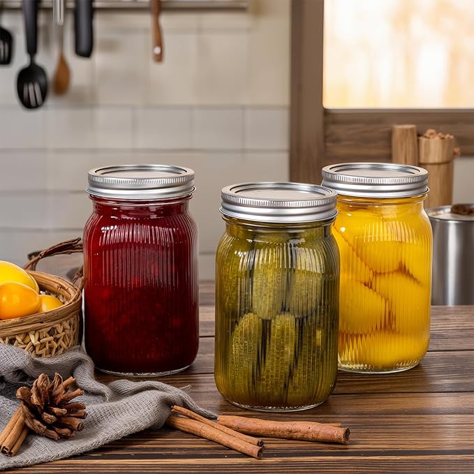WELLIFE Clear Stripe Mason Jars 32oz-4Pcs
