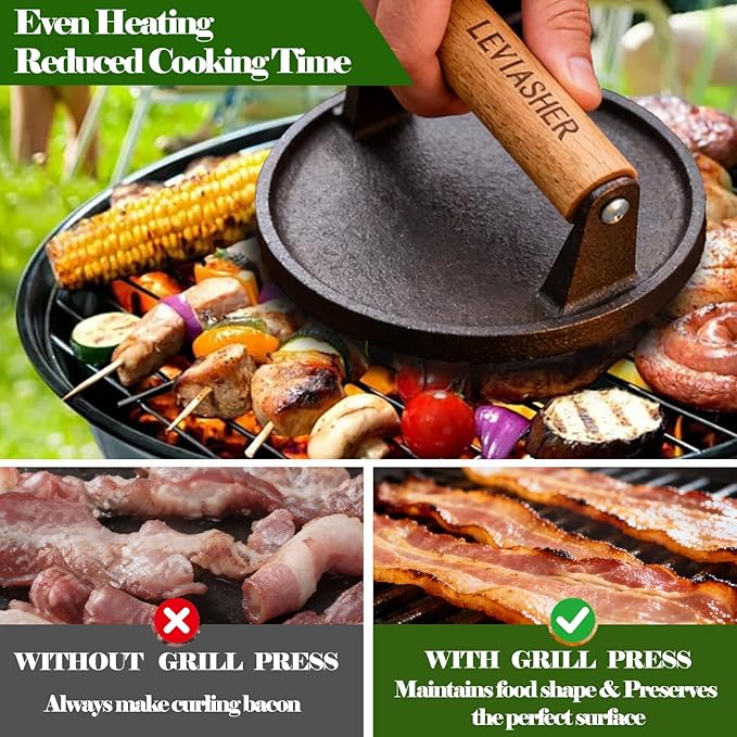 2 Pack 2.2lb Heavy Duty Cast Iron Grill Press, 6.69 inch Smash Burger Press Meat Steak with Wood Handle for Blackstone, Chef, Camp, Panini, Vegetable, Bacon, Sandwich, BBQ, Grid-patterned grill
