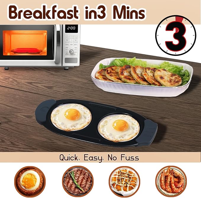 MKYSAIL Quick-Heat Microwave Egg Cooker and 33 OZ Microwave Grill Combo | 2-Piece Breakfast Maker Set for Grilling, Frying, Crisping Meat, Bacon, Pancakes & Veggies | Dishwasher Safe & Non-Stick for Kitchen RV, Dorm, Office(Red)
