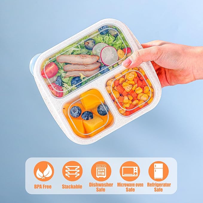 TOUWMX Bento Box For Kids, 4 Pack 3 Compartments Meal Prep Containers Reusable Lunch Containers, Food Storage Containers With Lids, Stackable Snack Boxes for School, Work, and Travel