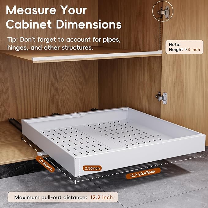 OneDream 2 Pack Pull Out Cabinet Organizer, 21" Deep Slide Out Drawers for Kitchen Cabinets, No Drill Adhesive Pull Out Drawers for Cabinets, Roll Out Shelves Adjustable Width 12.05"-20.4"