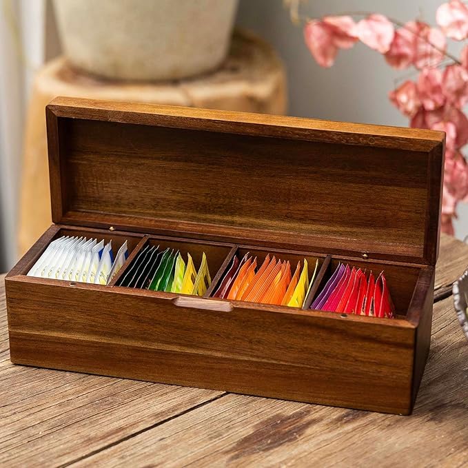 Acacia Wooden Tea Bag Organizers, Tea packet Storage Boxes, Tea Caddy for Tea Bags Chest, Teabag Holder Containers, Teabox Station Display, Organizador De Tes Caja Para Te, 4 Compartments
