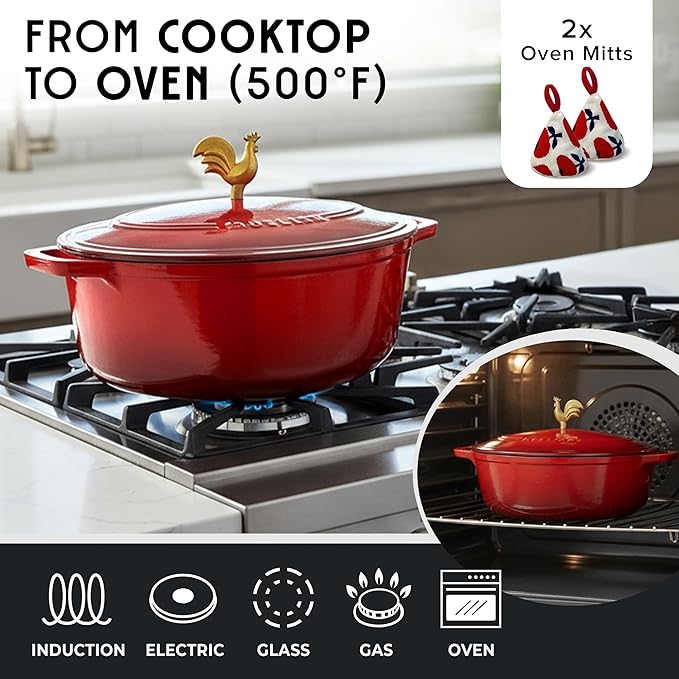 MUELLER HOME 5.5 Quart Enameled Cast Iron Oval Dutch Oven w Rooster Knob & Cotton Potholders, Heavy-Duty Cookware, Oven-Safe up to 500° F & Across All Cooktops, Gifts for Grandma & Women, Red