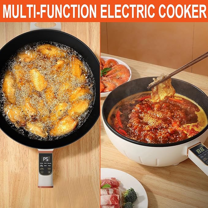 4L Electric Skillet 1000W Electric Cooker with Non-Stick Coating & Steamer, Timer & Schedule Cooking Settings, 12" Large Electric Hot Pot with Lid for Soup, Pasta, Frying, Stir-Fry