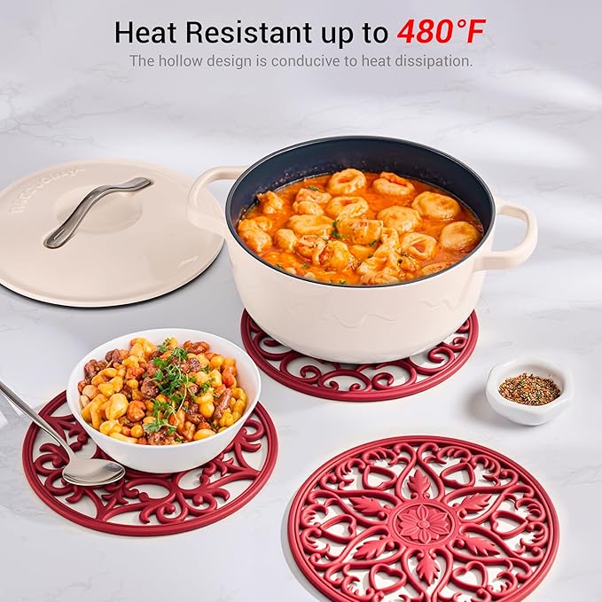 SMARTAKE 6 Set Silicone Trivets, Multi-Use Carved Trivet, Insulated Non-Slip Durable Kitchen Mats, Flexible Modern Kitchen Table Mat, for Hot Dishes, Pots, Dining Countertop, Red