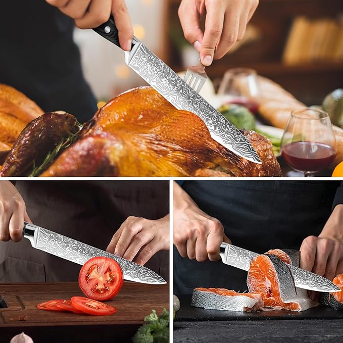 MOSFiATA 8 inch Carving Knife，Stainless Steel Brisket Slicing Knife for Meat Cutting, Razor Sharp Butcher Knife with Granton Edge for Roasts, BBQ, Turkey