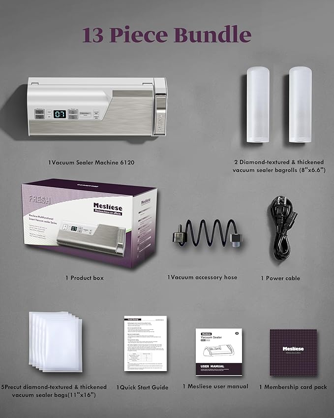 Mesliese Vacuum Sealer Machine, 95kPa 140W Double Seal Powerful Food Sealer, One Hand Operation Food Storage with Build-in Cutter & Roll Storage, ETL Tested (White)