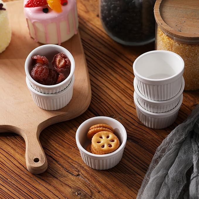 2.5 oz Ramekins 6 pcs Porcelain Ramekins Dishes for Souffle,Creme Brulee, Pudding, Custard Cups,Bakeware Bowls Set for Baking,Oven Safe, White 2.5 inch