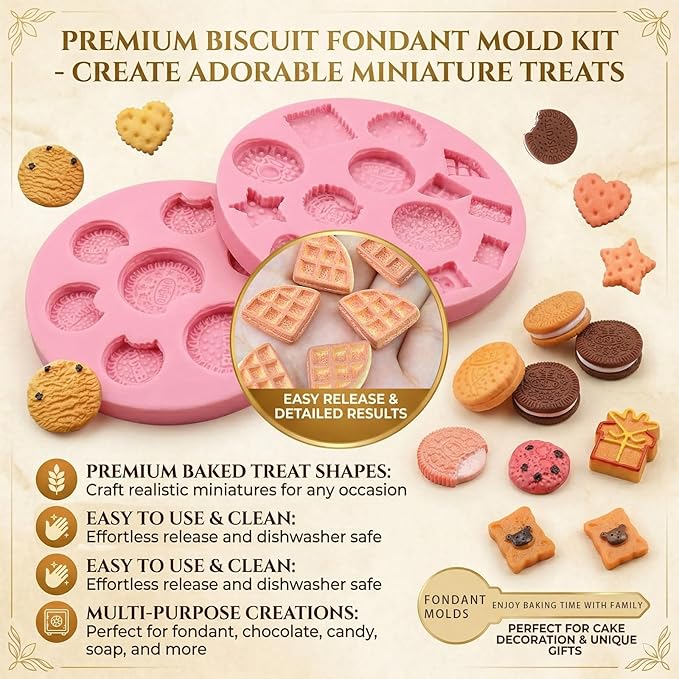 Cookie Fondant Molds, Mini Cake Decorating Silicone Mold Set of 2, Perfect for Cupcake Toppers, Cookie Dough, Sugar Craft Glue, Candy Chocolate, Flower Paste, Clay, Resin, Gypsum