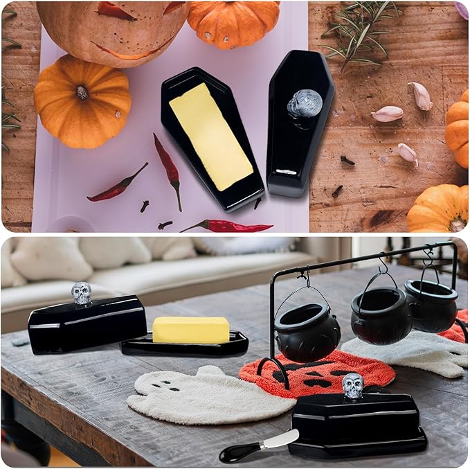 Reallnaive 2 Pcs Coffin Butter Dish with Lid Set with Butter Knife Black Gothic Skull Shape Ceramic Halloween Gothic Horror Kitchen Utensils Gift for Halloween Table Decoration Party Supplies (Stereo)