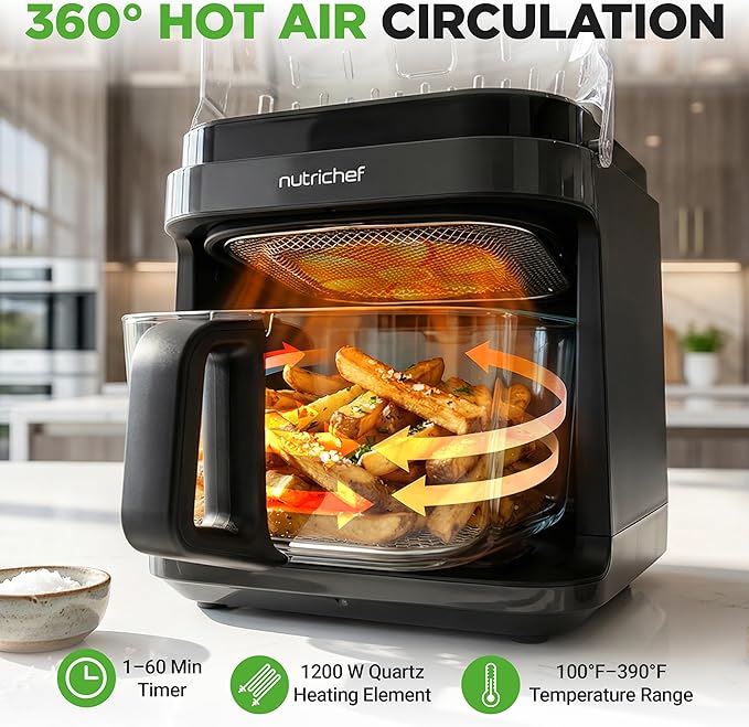 NutriChef 5.8 Quart Air Fryer | Glass Airfryer with 8-in-1 Digital Presets | Stainless Steel Fryer Design | Glass Fry Bowl with Flip-Up Safety Shield | Compact Air-Fryer for Even Cooking | Black