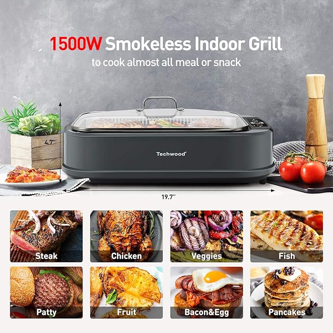 Indoor Grill, Techwood 1500W Smokeless Electric Grill with 2 in1 Nonstick Grill/Griddle Plates, Portable Korean BBQ Grill with 6-Level Control, Glass Lid, Dishwasher Safe, Double Plates, Gray
