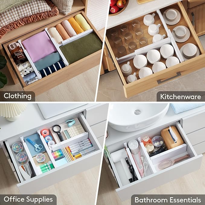 Lifewit 12 Pack 4" High Drawer Dividers 28-43.5cm/11-17" Adjustable Drawer Organizer for Clothes/Utensils, Expandable Drawer Separator in Dresser/Kitchen/Bedroom/Office Organization & Storage White