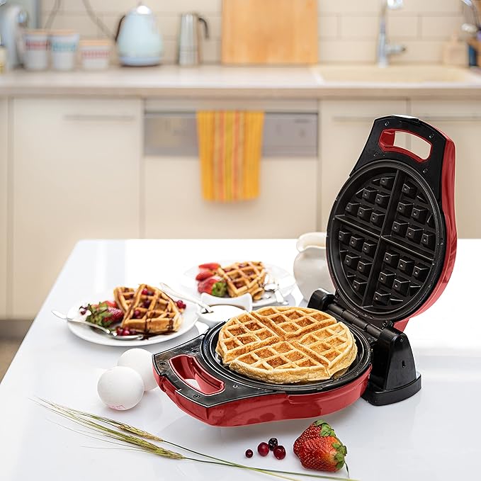 Moss & Stone Belgian Waffle Maker, Electric Flip Waffle Machine with Adjustable Temperature Control, Non-Stick Grids for Smooth Release, Compact 8-Inch Round Waffle Maker, Red