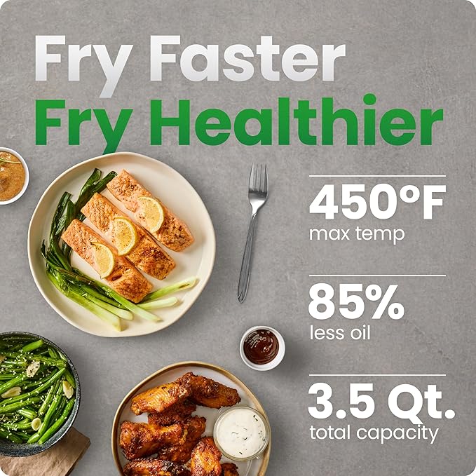 Chefman Air Fryer – 4-in-1 Slim 3.5 QT Airfryer, Air Fry, Bake, Dehydrate, Frozen, 450°F Max Temp for Extra Crispy Results in Minutes, Nonstick Ceramic Coating, Dishwasher-Safe Accessories - Black