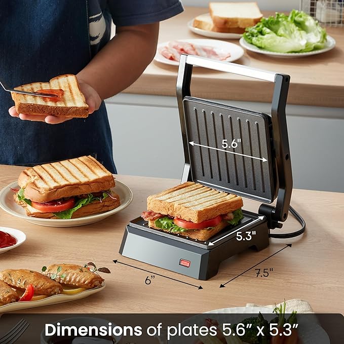 Elite Gourmet EPN160X 5.5 x 5.3" Multifunctional, Compact Electric Panini Press, Contact Grill, 180° Flat Grill, Lightweight, Floating Top-plate, Cool-touch Handle Non-Stick Surface, Black