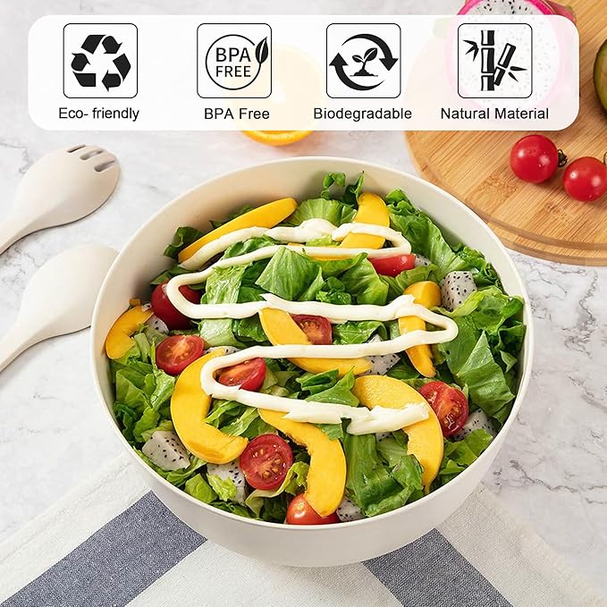 GEHE Bamboo Salad Bowl with Servers Set - Large 9.8 inches mixing bowls Solid Bamboo Salad Wooden Bowl with Lid Spoon for Fruits,Salads and Decoration (White, 9.8INCH)