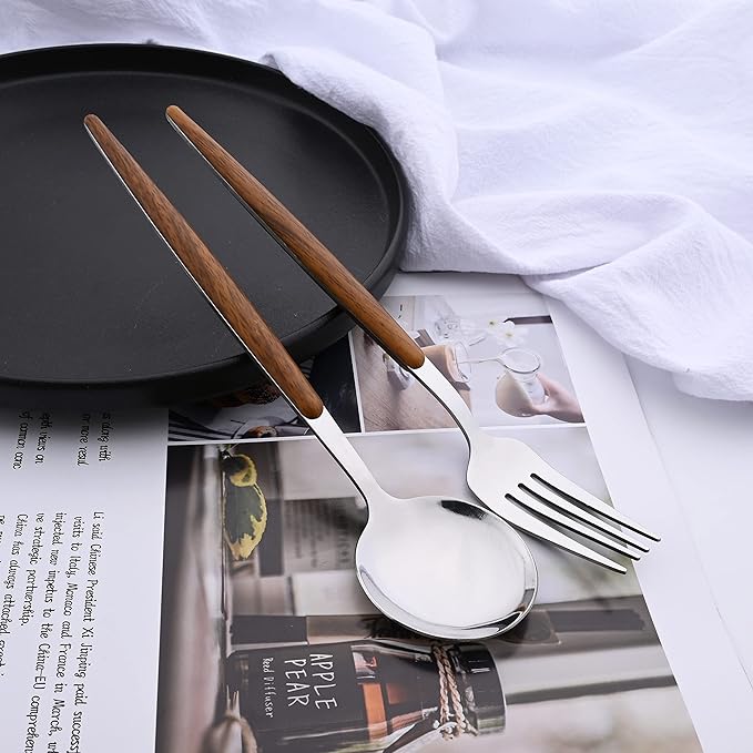 6-Piece Dinner Spoons Set, Food Grade Stainless Steel Spoons for Home Hotel Restaurant, Silver Mirror Polished, Faux Wooden Clip Handle Design, 8.0inch Durable Spoons Set, Dishwasher Safe