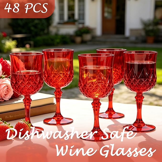 Plastic Wine Glasses, Plastic Goblets Vintage Style Cordial Unbreakable Drinking Glasses, Reusable Drinkware for Wedding Reception, Grand Event Party Supplies,Mother's Day (48, Red)