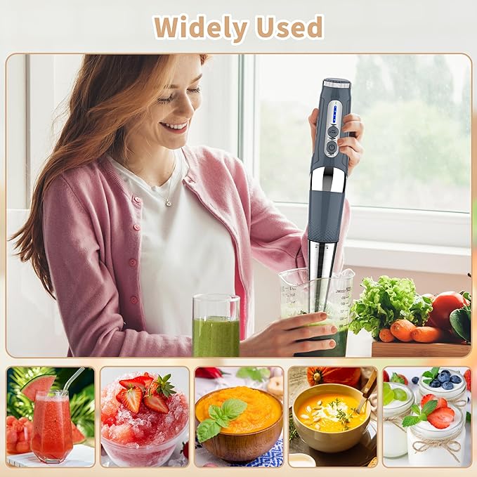 Toogel Cordless Immersion Blender, Electric Hand Blender with 21-Speed & 3-Angle Adjust, USB Rechargeable, BPA-Free & Dishwasher Safe for Baby Food, Smoothies, Soup (Grey)