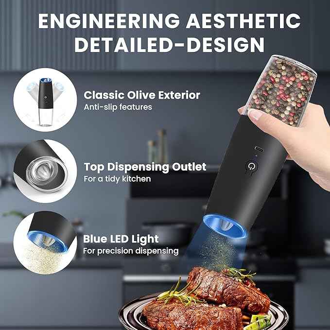Rechargeable Electric Salt and Pepper Grinder set of 2, gravity electric salt and pepper grinder set, Adjustable Roughness, LED Light, 2 Pack, (Black)