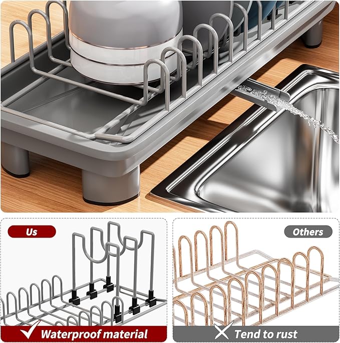 SanDream Small Dish Drying Rack with Removable Utensil Holder & Anti-Scratch Base - Stainless Steel Dish Rack, Dish Drying Rack with Drainage & Space Saving Design for Kitchen Counter, Gray