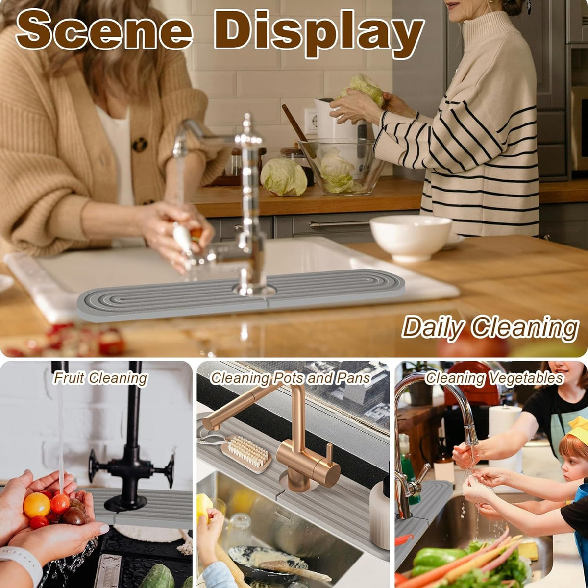 Faucet Mat for Kitchen Sink, Diatomite Super Absorbent Fast Drying Stone Sink Tray for Bathroom Kitchen Sink Splash Guard(Round Grey,23.6x3.9in)