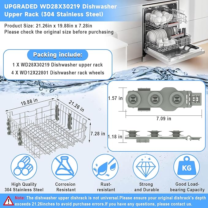 UPGRADED WD28X35779 WD28X30219 Dishwasher Upper Rack Compatible with GE Dishwasher Rack Replacement Parts with Wheel,304 Stainless Steel WD28X30219 WD28X25018 WD28X26104 GE Dishwasher Upper Rack Part