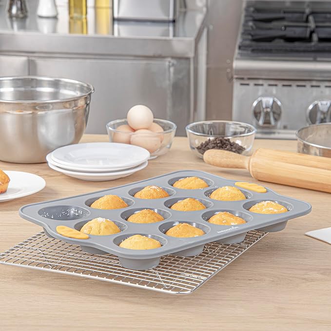 Restaurantware Silicone Baking Molds Pack of 10 Non-Stick Muffin Molds with Handles 12 Compartments, Oven-Friendly Dishwashable Freezer-Friendly Heat-Resistant Gray Silicone Cupcake Muffin Pans