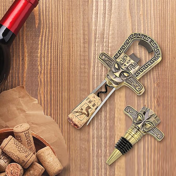 Professional Wine Opener Set for Old & Fragile Corks - 3-in-1 Cork Extractor Removes Older Wine Corks Whole & Intact, Beer Bottle Opener with Elegant Zinc Alloy Base & Stopper Set (Antique Bronze)