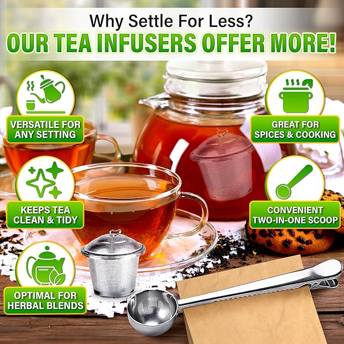 Set of 1 Large Tea Infuser, 1 Small Infuzers & Scoop With Bag Clip - Stainless Steel Tea Infuser for Loose Leaf Tea Steeper Tea Strainers for Loose Tea Diffusers for Loose Tea - Loose Tea Leaf Steeper