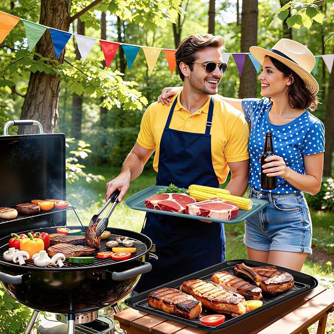 Grilling Prep & Serve Trays for Party- Set of 2, Large Serving Platters for Raw and Cooked Food, Dishwasher Safe, 17"×10.5" Stackable Plastic Party Supplies for Grilling, BBQ, Meal Prep - Green, Black