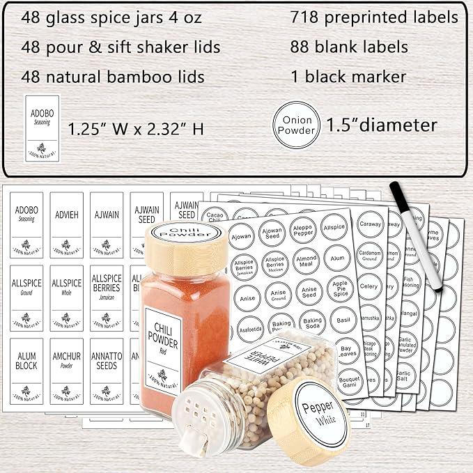 SWOMMOLY 48 Glass Spice Jars with 806 White Spice Labels, Square Spice Bottles 4 oz Empty Spice Containers with Bamboo Lids, Chalk Marker and Funnel Complete Set.