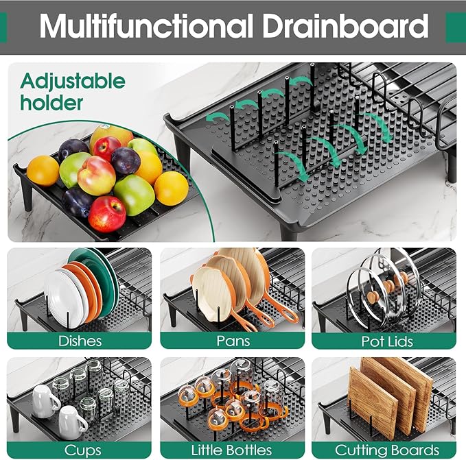 Large Extendable Dish Drying Rack, 16.93" to 26.57" Expandable Dish Rack for Kithen Counter, with Multifunctional Drainboard, Fits Any Sink, Heavy-Duty Steel Plate Drainer for Countertop Organization